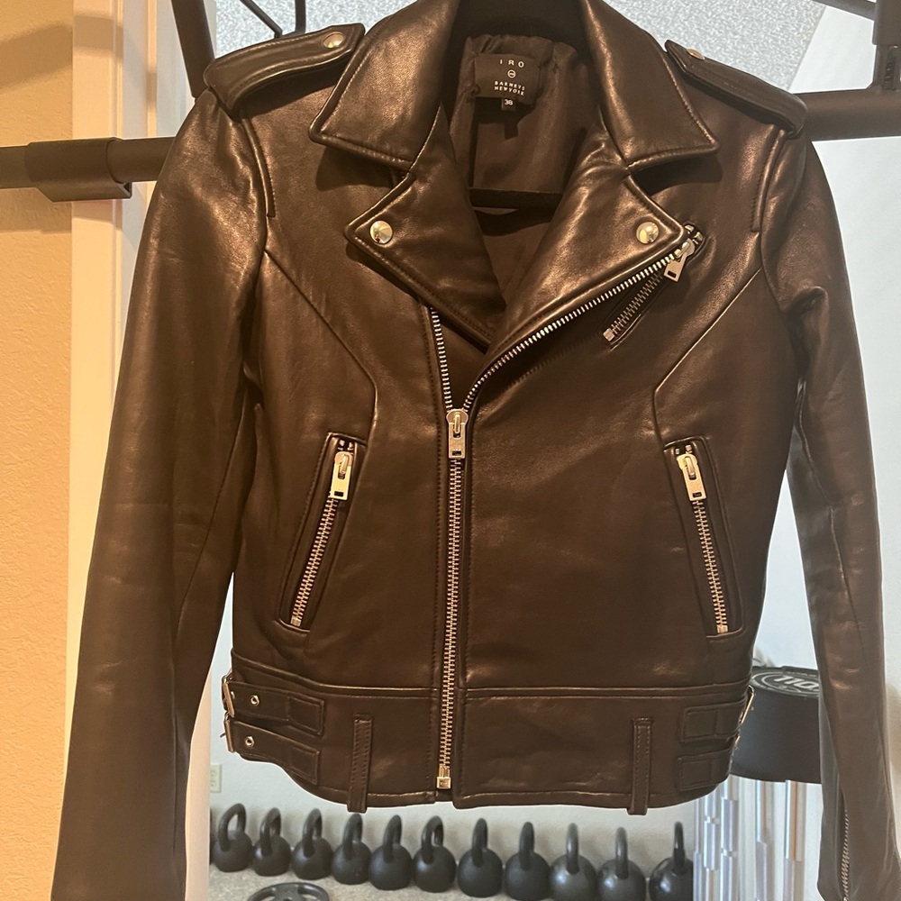 IRO Black Leather Asymmetric Zip Biker Jacket